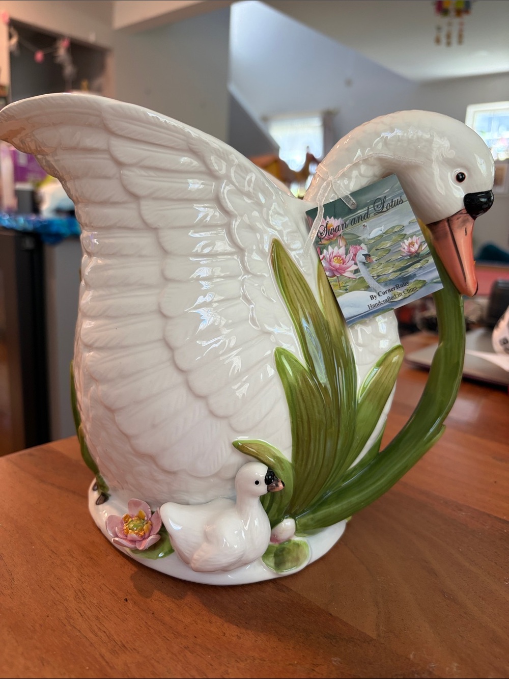 White Swan and Lotus Ceramic Pitcher with Green Leaf Handle by Corner Ruby